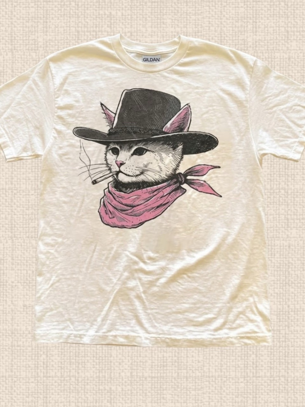 Gildan White Cat Cowboy Graphic Tee with Pink Bandana